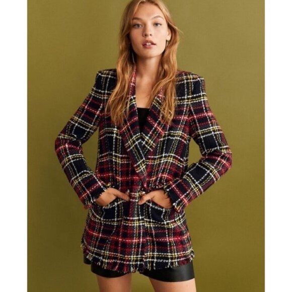 💕MANGO💕 Buttons Tweed Blazer ~ Multi-Color Plaid Print US Medium - Picture 2 of 15